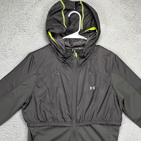 Under Armour Running Jacket Women Large Cold Gear Grey Semi Fitted Zip Up Hooded - Picture 1 of 9
